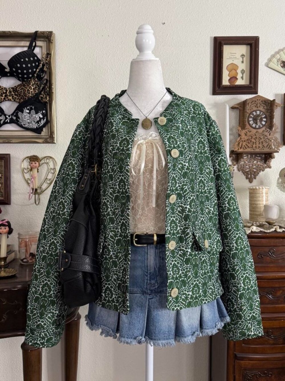 Boho fairy whimsical green floral tapestry jacket